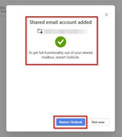 Screenshot of confirmation box that Shared email account was added