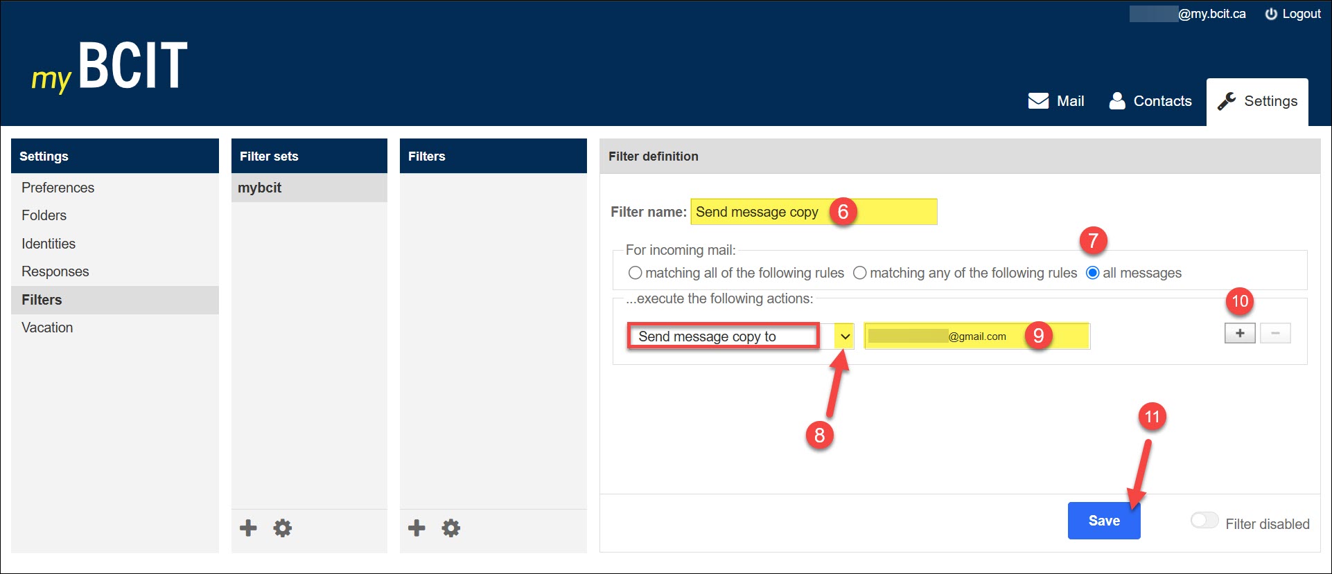 Screenshot of Self Service and forwarding your myBCIT email steps
