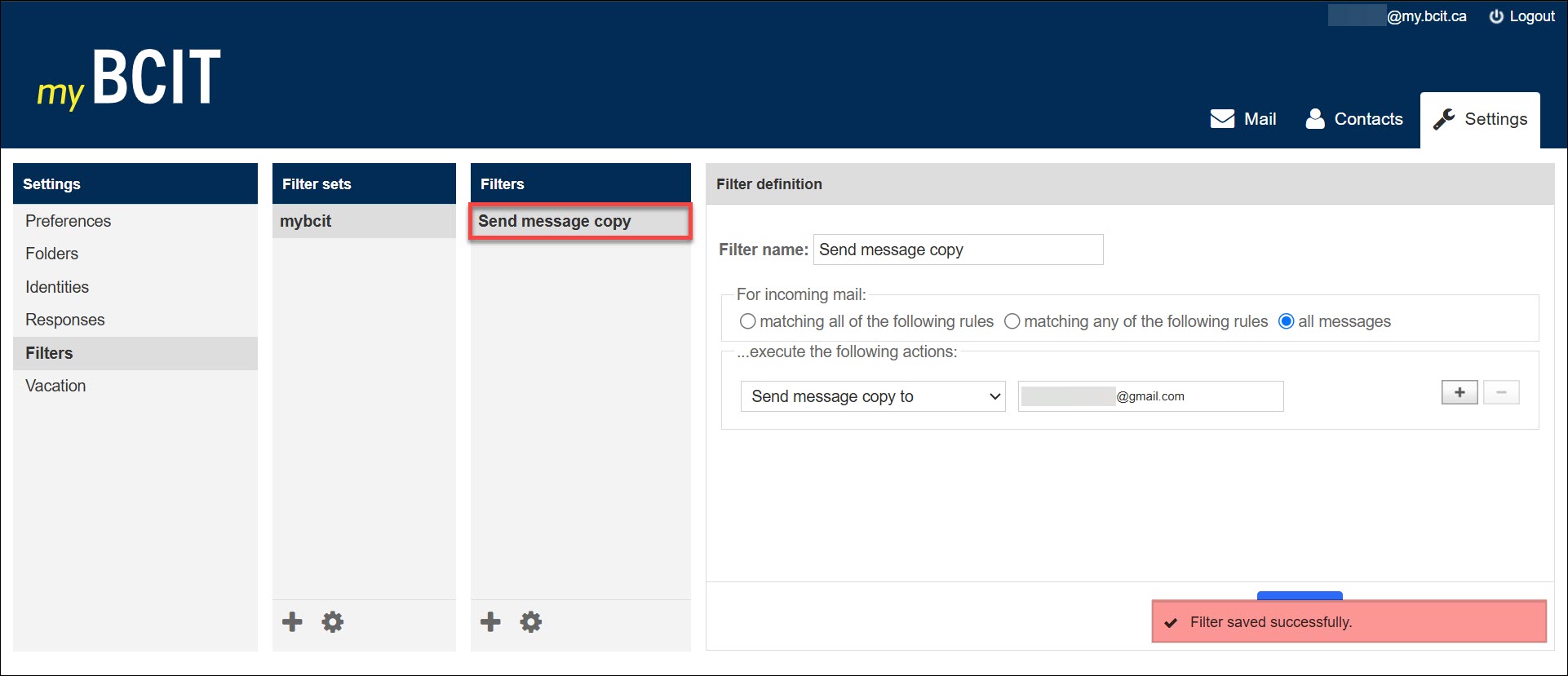 Screenshot of Self Service and after you select Send a message copy to for your mybcit emails