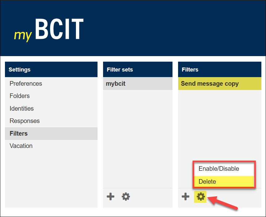 Screenshot of how to delete a filter from your self service myBCIT email