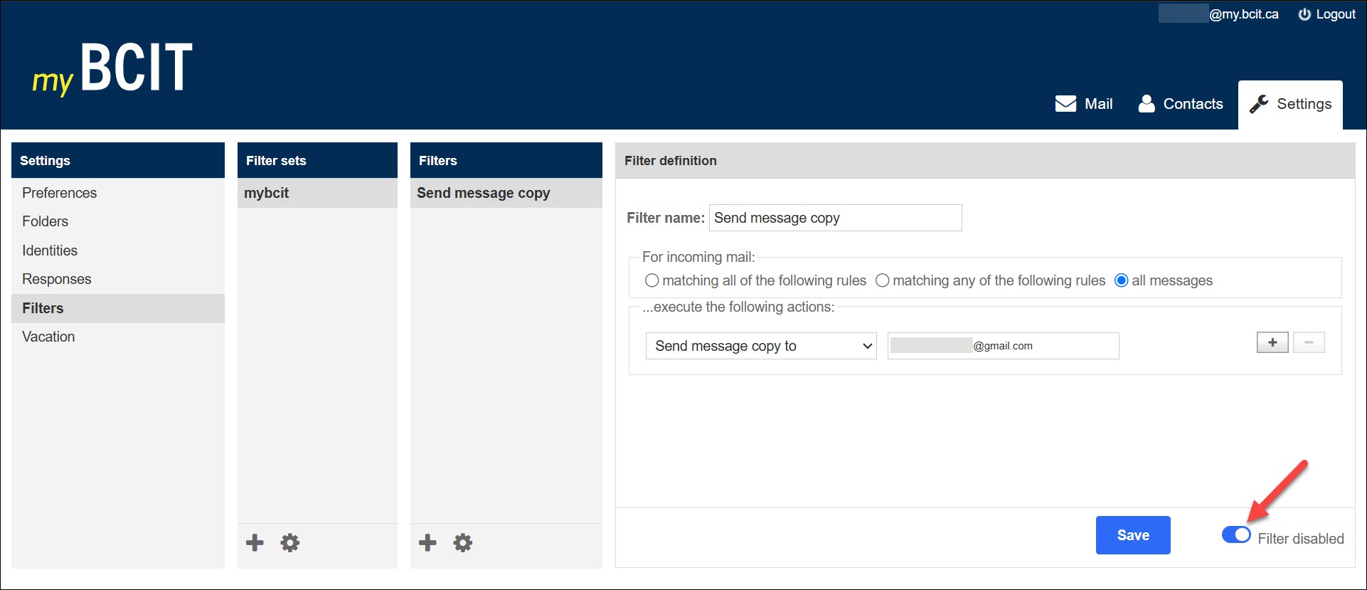 Screenshot of disabling a filter in myBCIT self service email