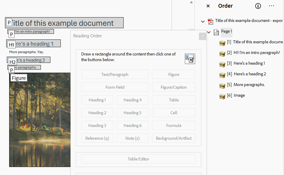 animated gif showing process of highlighting content and clicking the Text/Paragraph button to add it to the reading order