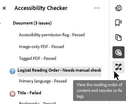 Accessibility Checker results showing mouse cursor on zigzag reading order icon in vertical toolbar