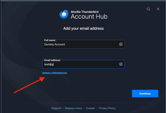 Screenshot of Movilla Thunderbird Account Hub and entering fake name and email address