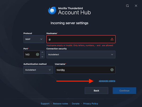 Screenshot of Movilla Thunderbird and clicking on Advanced Config button