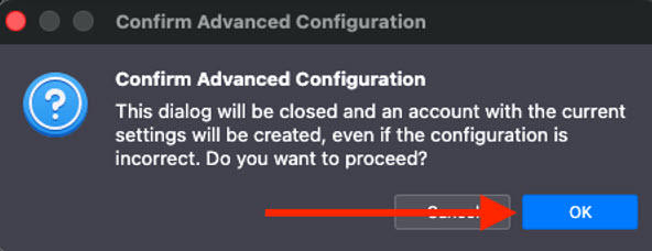Screenshot of Movilla Thunderbird and confirming Advanced Configuration