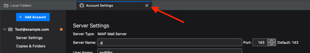 Screenshot of Movilla Thunderbird and closing account settings tab