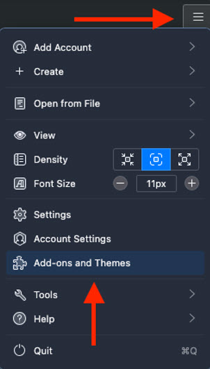 Screenshot of Movilla Thunderbird clicking gear icon and selecting Add ons and Themes