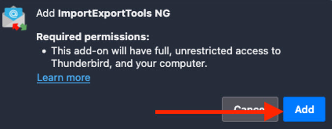 Screenshot of Movilla Thunderbird confirming permissions by clicking Add button