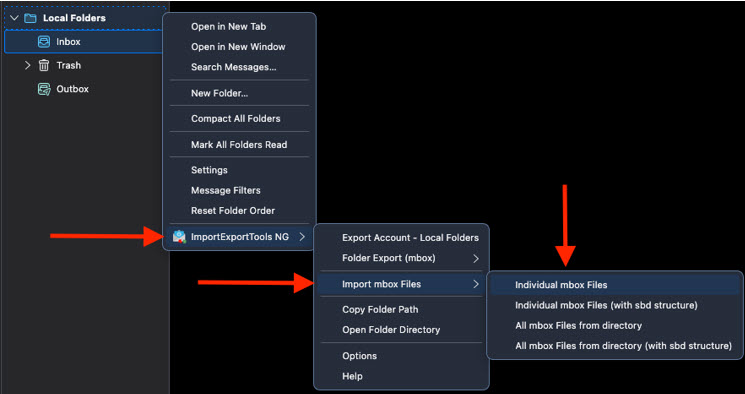 Screenshot of Movilla Thunderbird and retrieving you Mbox files and go through steps to import